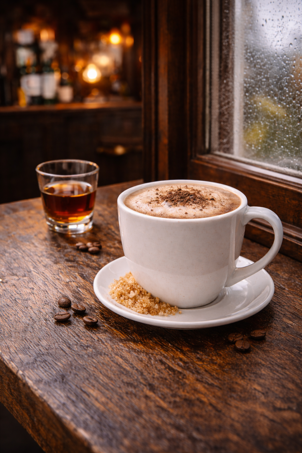Café en grains aromatisé crème irlandaise servi en tasse sur soucoupe dans un pub irlandais près d’une fenêtre pluvieuse avec verre de rhum – Le Secret des Sens