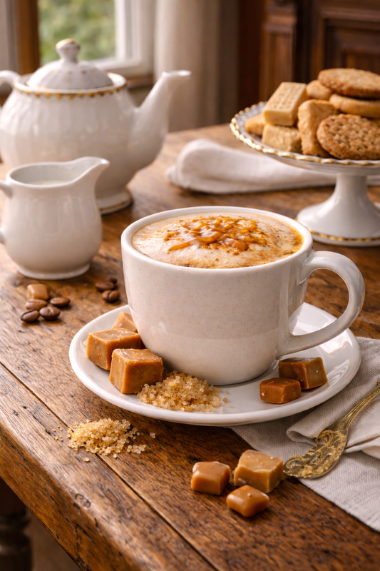 Café en grains aromatisé caramel anglais servi en tasse avec biscuits secs anglais et pot de lait ambiance tea time – Le Secret des Sens