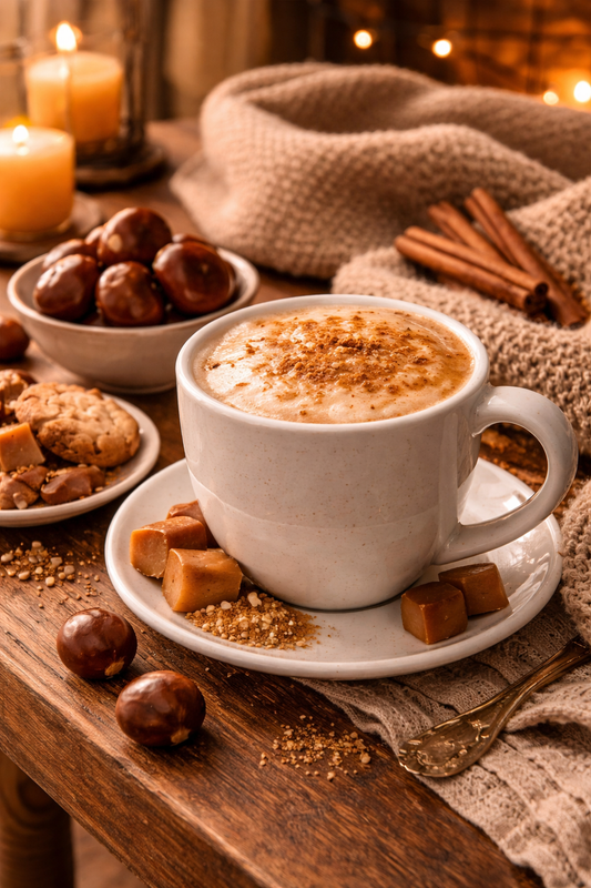 Café en grains aromatisé châtaigne caramélisée servi en tasse avec marrons et épices ambiance hivernale chaleureuse – Le Secret des Sens