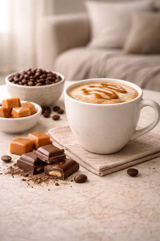 Café en grains aromatisé chocolat caramel servi en tasse dans un salon cocooning avec morceaux de chocolat et caramel – Le Secret des Sens