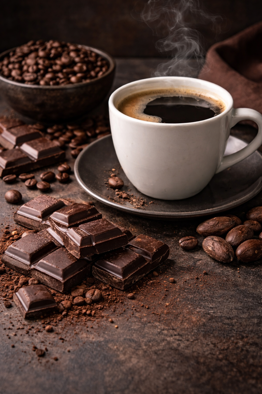 Café en grains aromatisé chocolat noir servi en tasse avec morceaux de chocolat noir et grains de café – Le Secret des Sens
