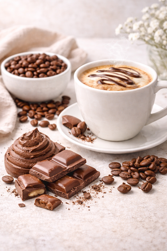 Café en grains aromatisé crème chocolat servi en tasse avec morceaux de chocolat et grains de café – Le Secret des Sens