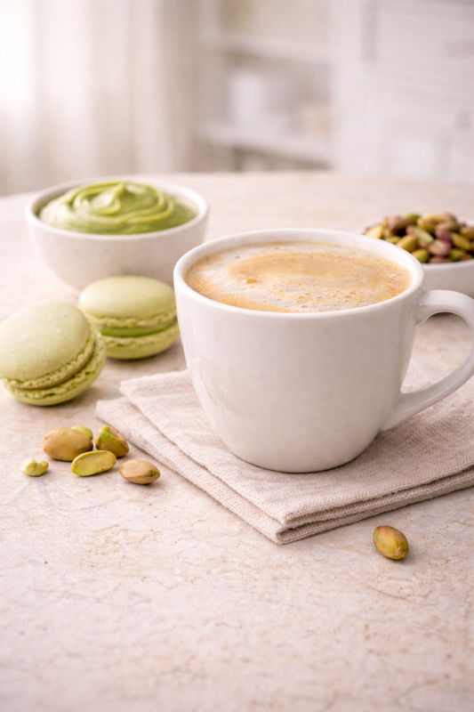 Café en grains aromatisé crème de pistache servi en tasse avec macarons et pistaches – Le Secret des Sens