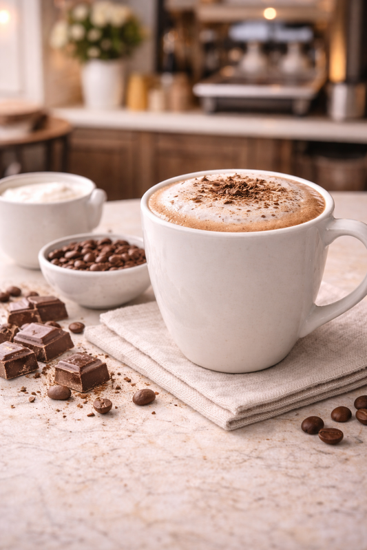 Café en grains aromatisé latte macchiato chocolat servi en tasse ambiance coffee shop – Le Secret des Sens