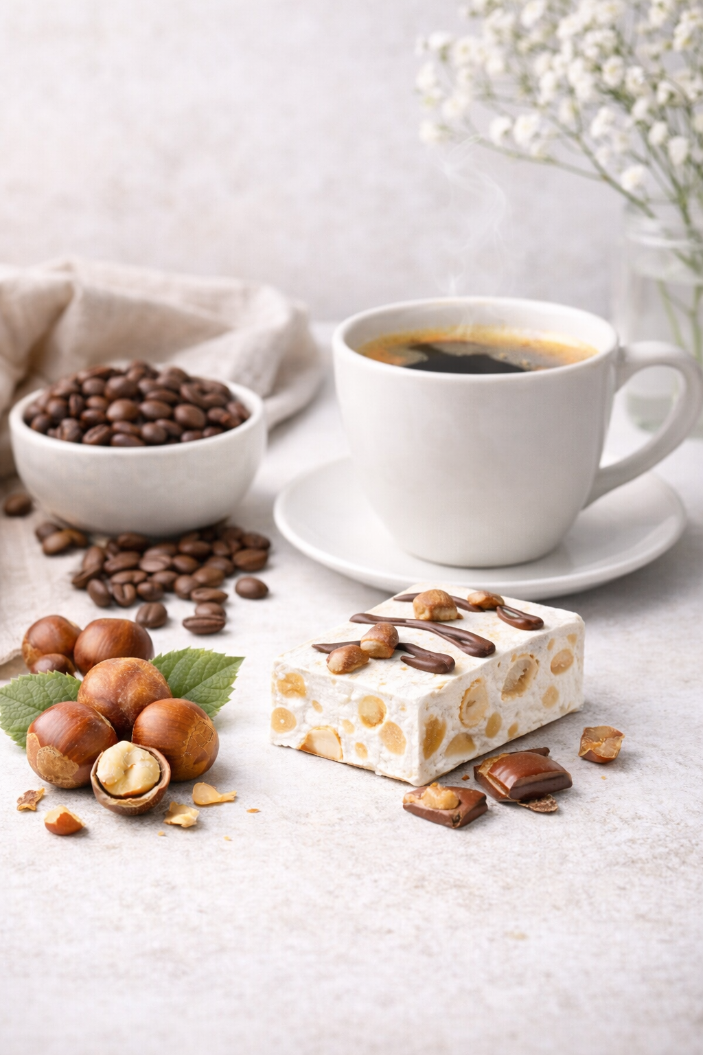 Café en grains aromatisé noisette nougat servi en tasse avec morceau de nougat et noisettes – Le Secret des Sens