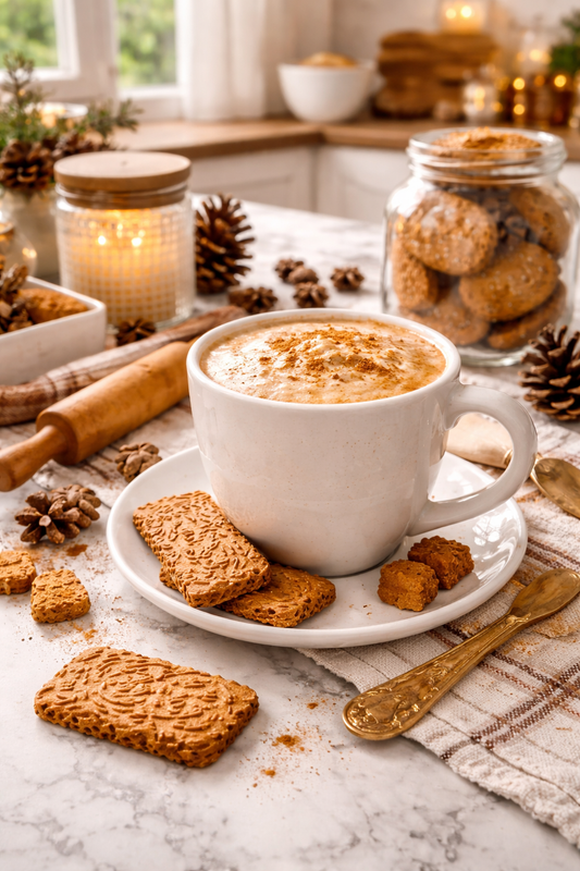 Café en grains aromatisé spéculoos servi en tasse avec biscuits spéculoos dans une cuisine d’hiver lumineuse – Le Secret des Sens