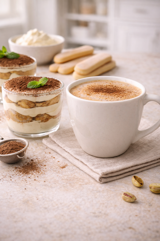 Café en grains aromatisé tiramisu servi en tasse avec dessert tiramisu et cacao – Le Secret des Sens
