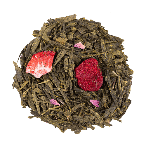 the paradis fruite de chine avec feuilles de the vert blanc jasmin fraise framboise et petales de rose visibles